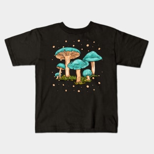 Bright blue mushrooms, cartoonish cottagecore art Kids T-Shirt